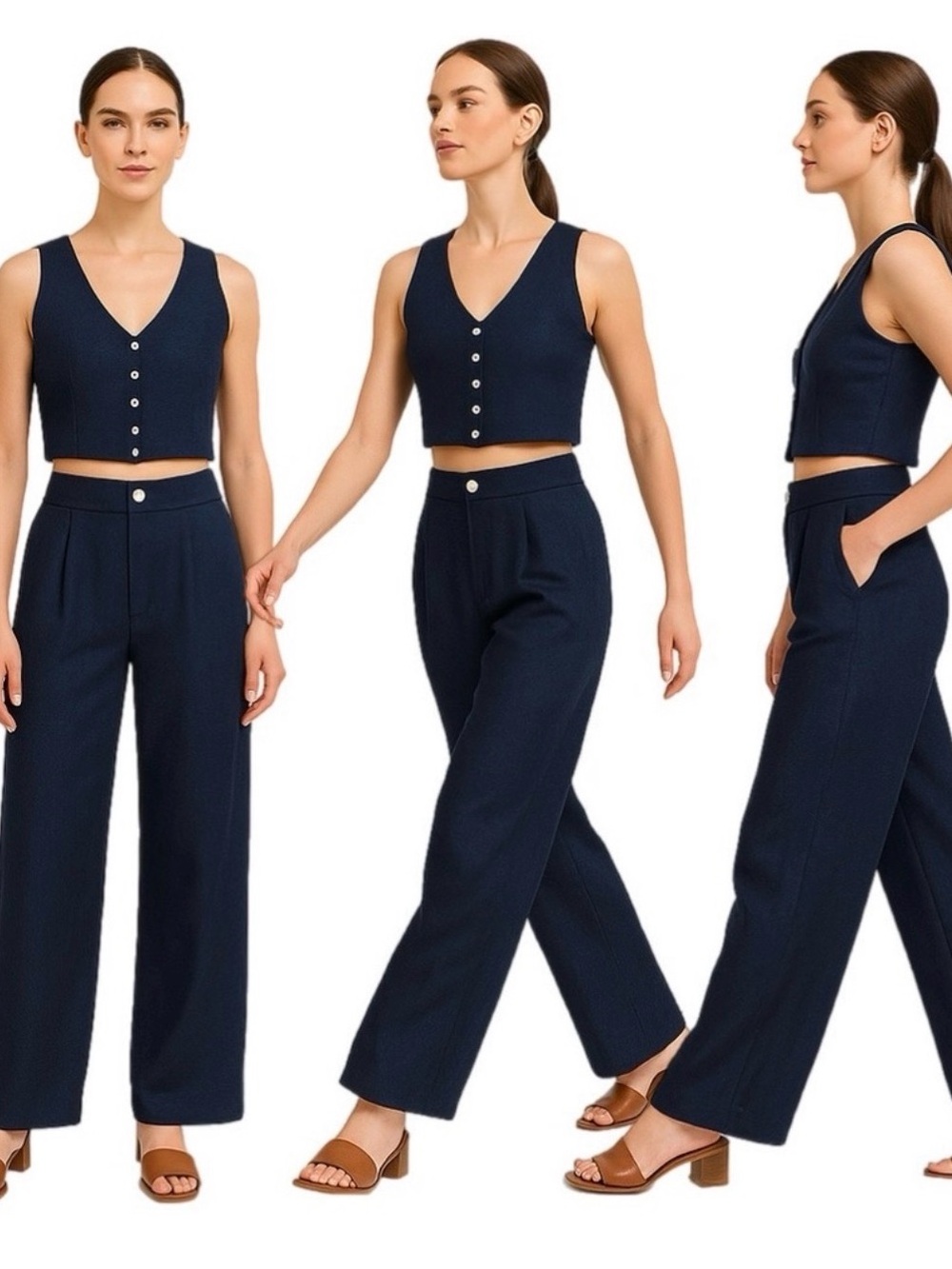 Christian Siriano Linen Blend Pants Wide Leg Navy Blue Pleated Women Size 8